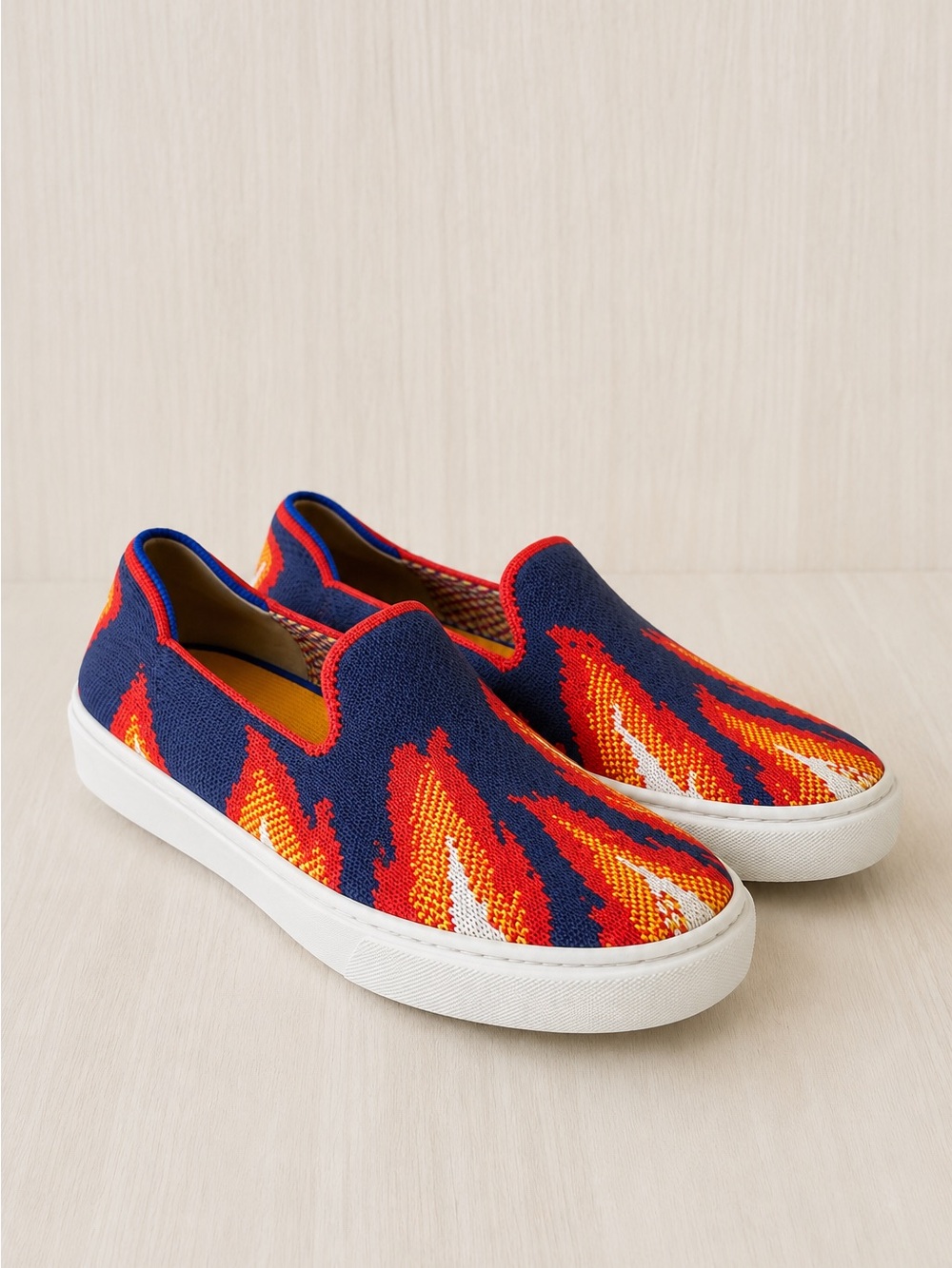 Rothy’s Kids Slip-On Sneakers K2 Navy Red Orange Flame Print Washable Knit